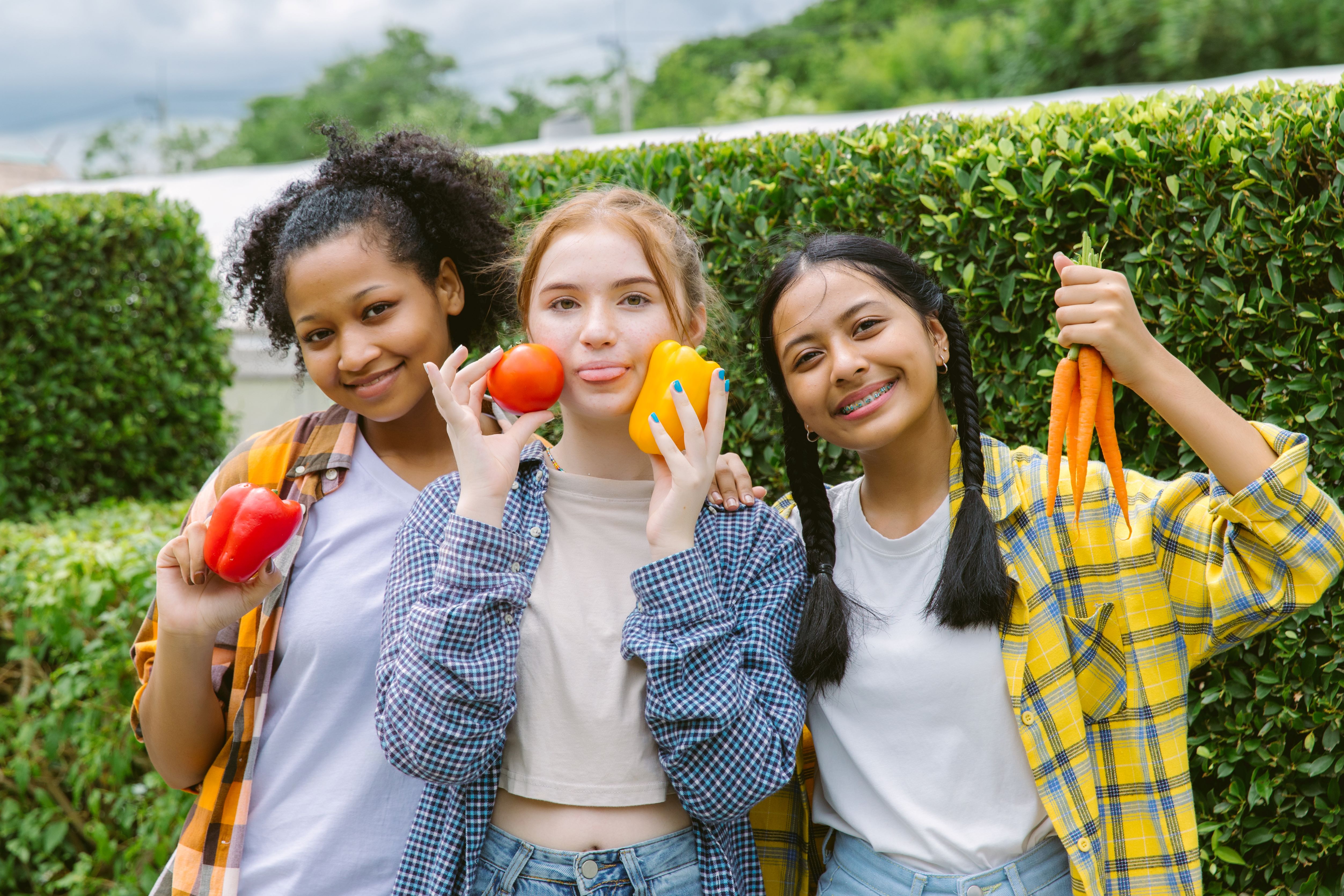 Smiling students Different ethnicities in farm vegetable. Teen age mix race happy and smile holding vegetables fresh from farm By kanpisut