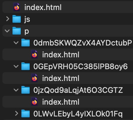 screenshot of file and folder hierarchy of index.html files inside p folder