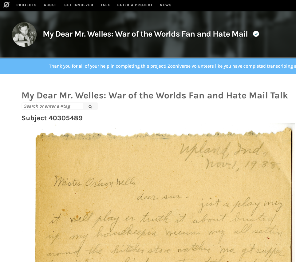 One letter from My Dear Mr. Welles from the Zooniverse platform.