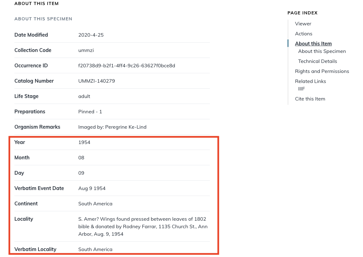 A selection of metadata for that specimen in the digital collection. The red highlighted area shows the improved metadata from Zooniverse.