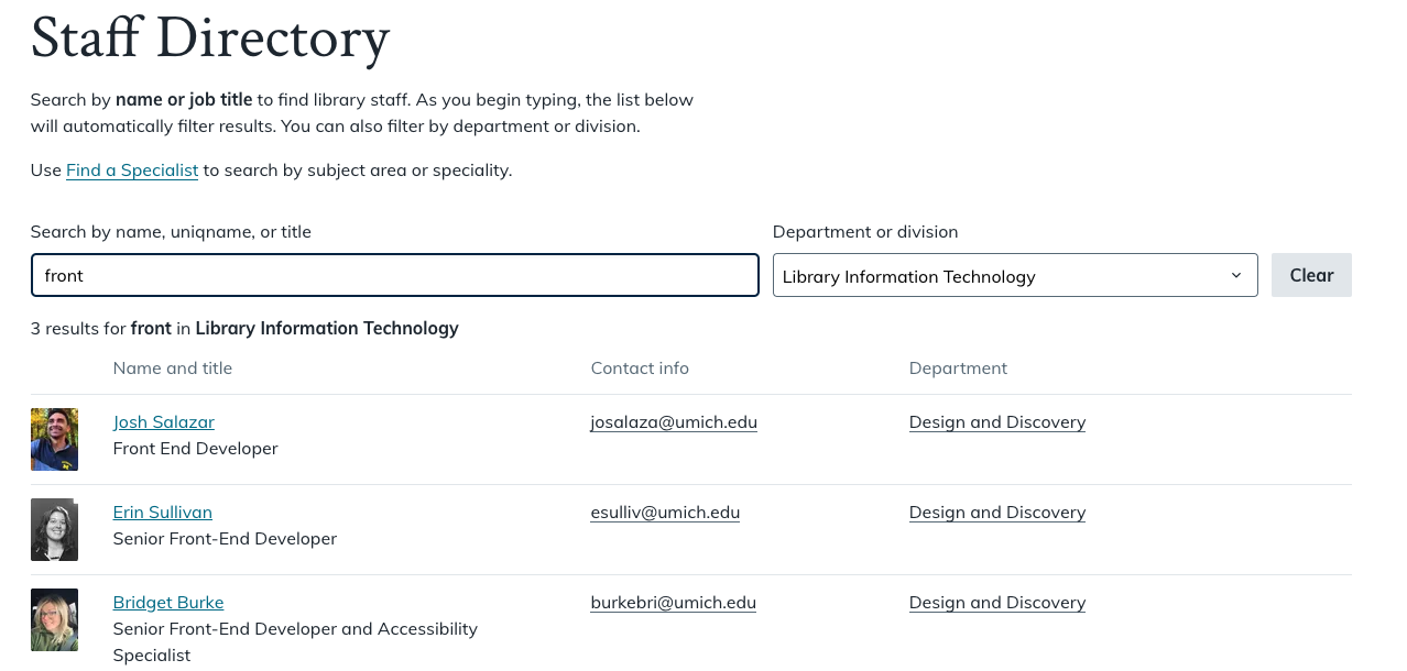 A search for the word “front” filtered to the “Library Information Technology” division with a results summary displaying that there are 3 results for that term and filter followed by a table of three rows.