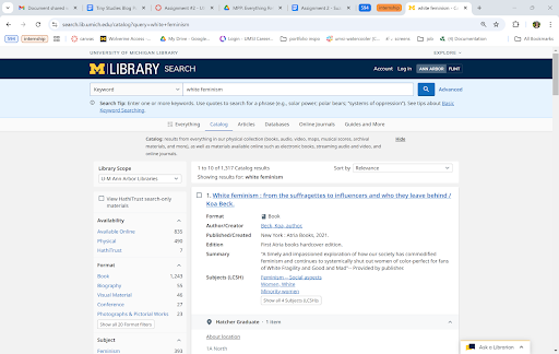 A book record in the Catalog search results view, showing its title, format, author/contributor, publishing information, summary/abstract, subject keywords, and access links.