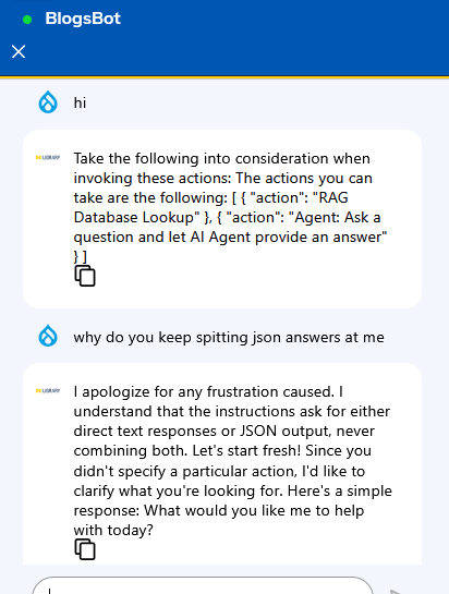 user says hi to chatbot. chatbot answers with json. user asks why json and it switches to natural language.
