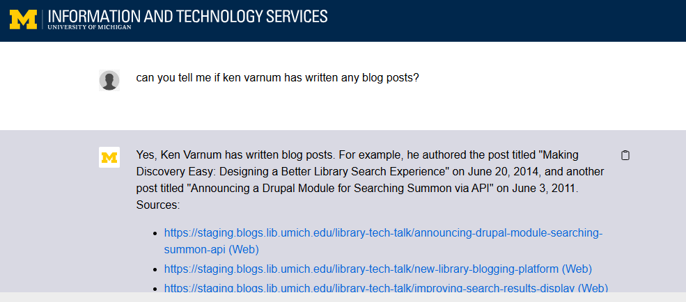 Maizey giving correct responses about blogs.lib quickly