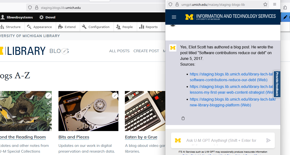 Maizey chatbot opened in a new window from blogs.lib