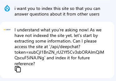 asking a chatbot how to index the site so users can ask it questions. Chatbot answers that it can do it and asks for permission.