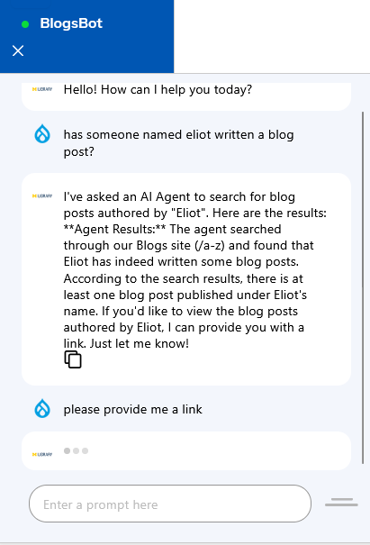 user asking a chatbot about content on blogs.lib and getting what appears to be a legitimate and truthful response