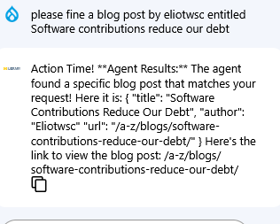user asking about a specific blog post and getting a legitimate answer from the chatbot
