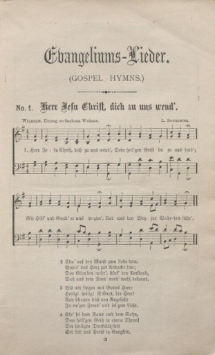 First page of the German language songbook, Evangeliums-Lieder mit deutschen Kernliedern, 1890