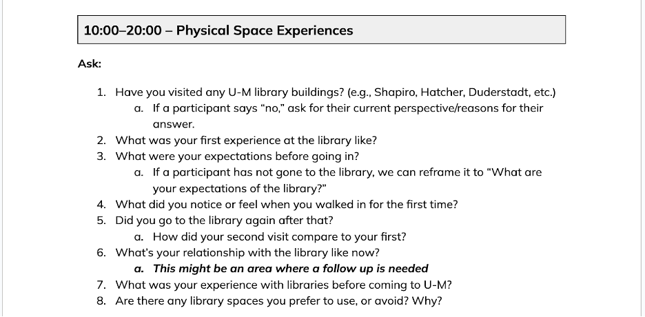 Figure 1. Image showcasing interview questions about physical spaces in the library