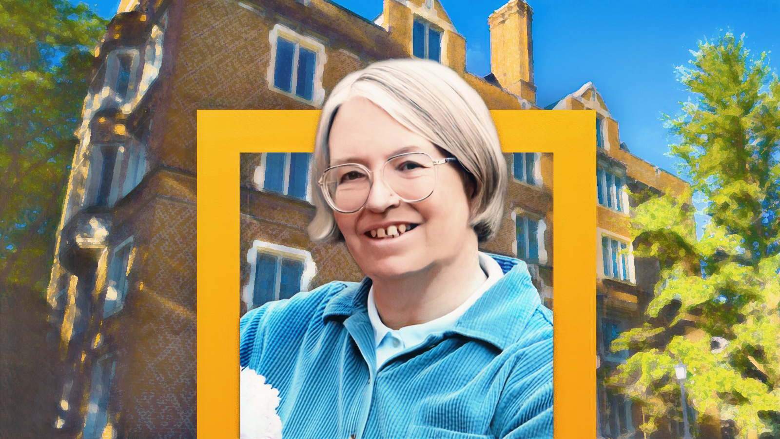 montage of woman with glasses and light grey hair smiling layered over building stylized in a digital painting