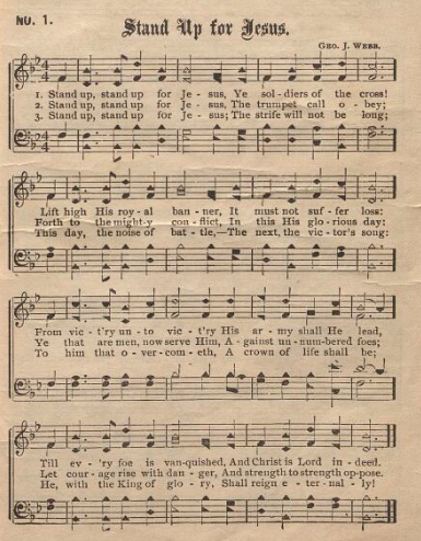 An image of the song Stand Up for Jesus from the shape-note songbook Gospel Songs, 1909
