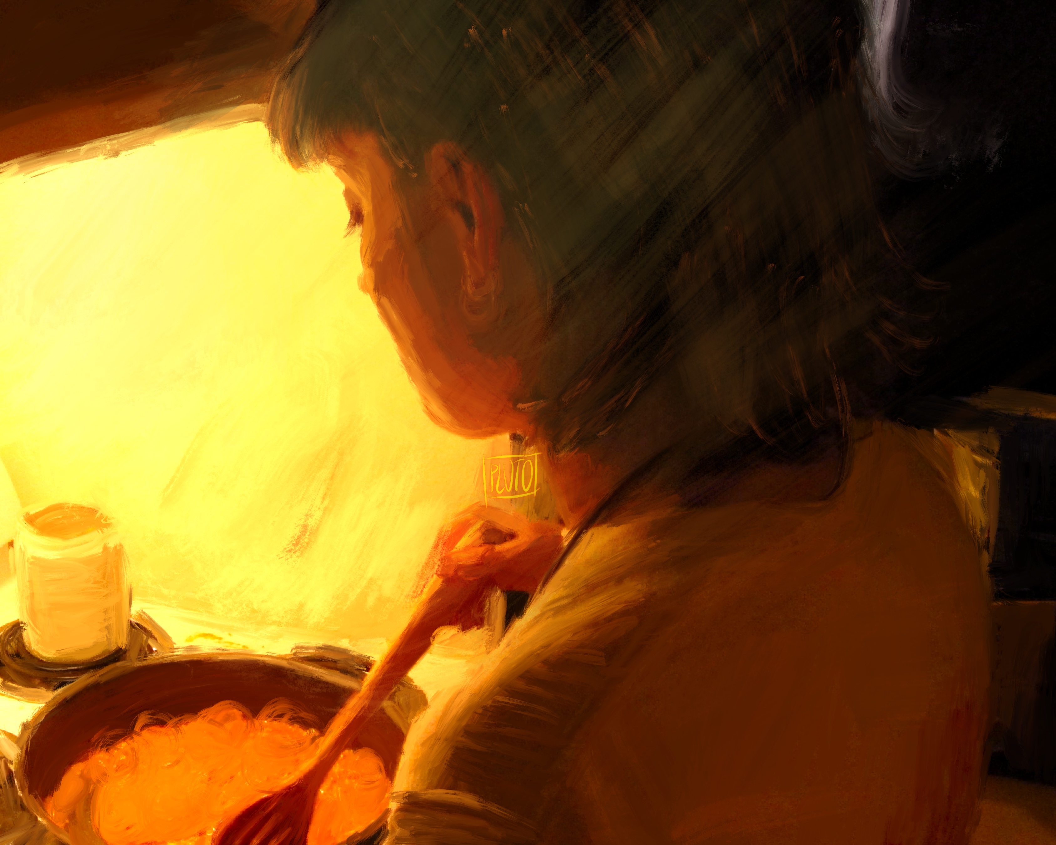 A warm-toned, backlit portrait of a man cooking a vibrant orange curry.