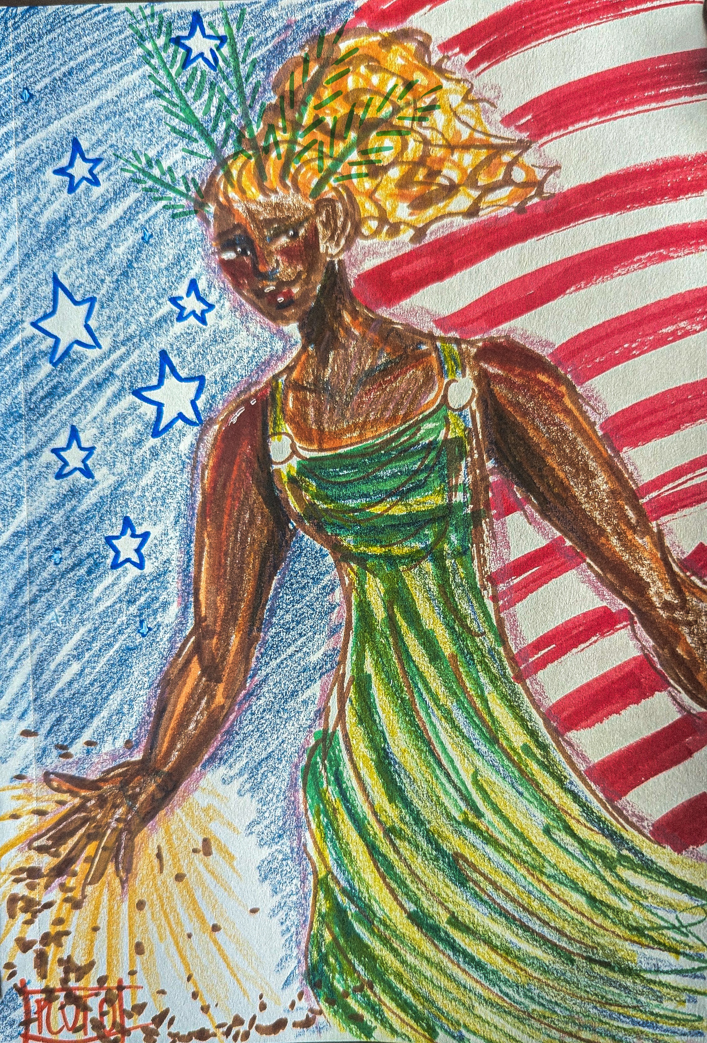 A woman with dark skin and golden hair sprinkles seeds from a glowing hand. The background is the US flag.