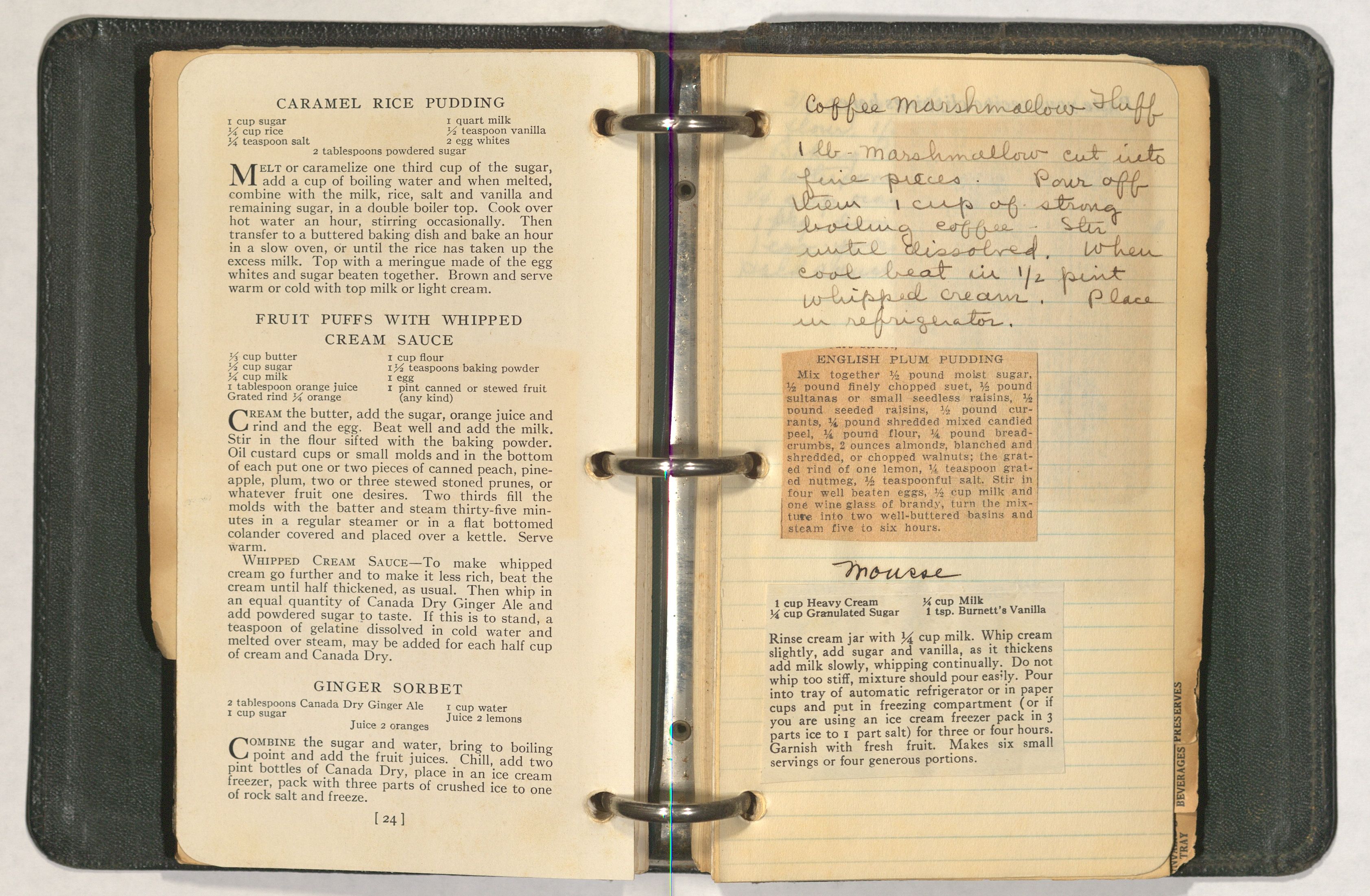 Pages in a 3-leaf binder. The left-hand page has printed text, while the right includes hand-written and pasted-in recipes. 