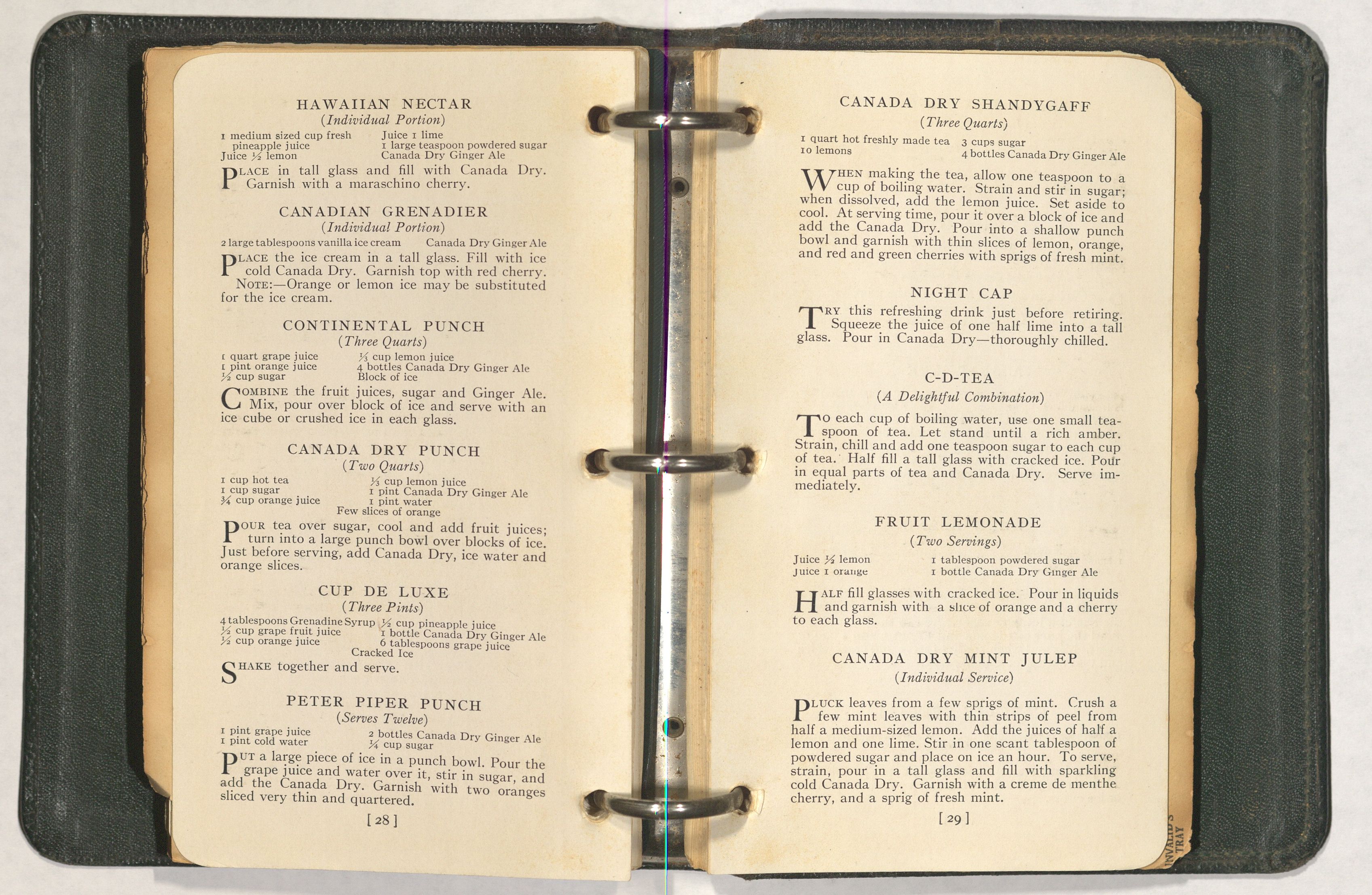 Pagespread in a 3-ring binder showing recipes in paragraph form for a variety of non-alcoholic drinks using ginger ale as a key ingredient. 