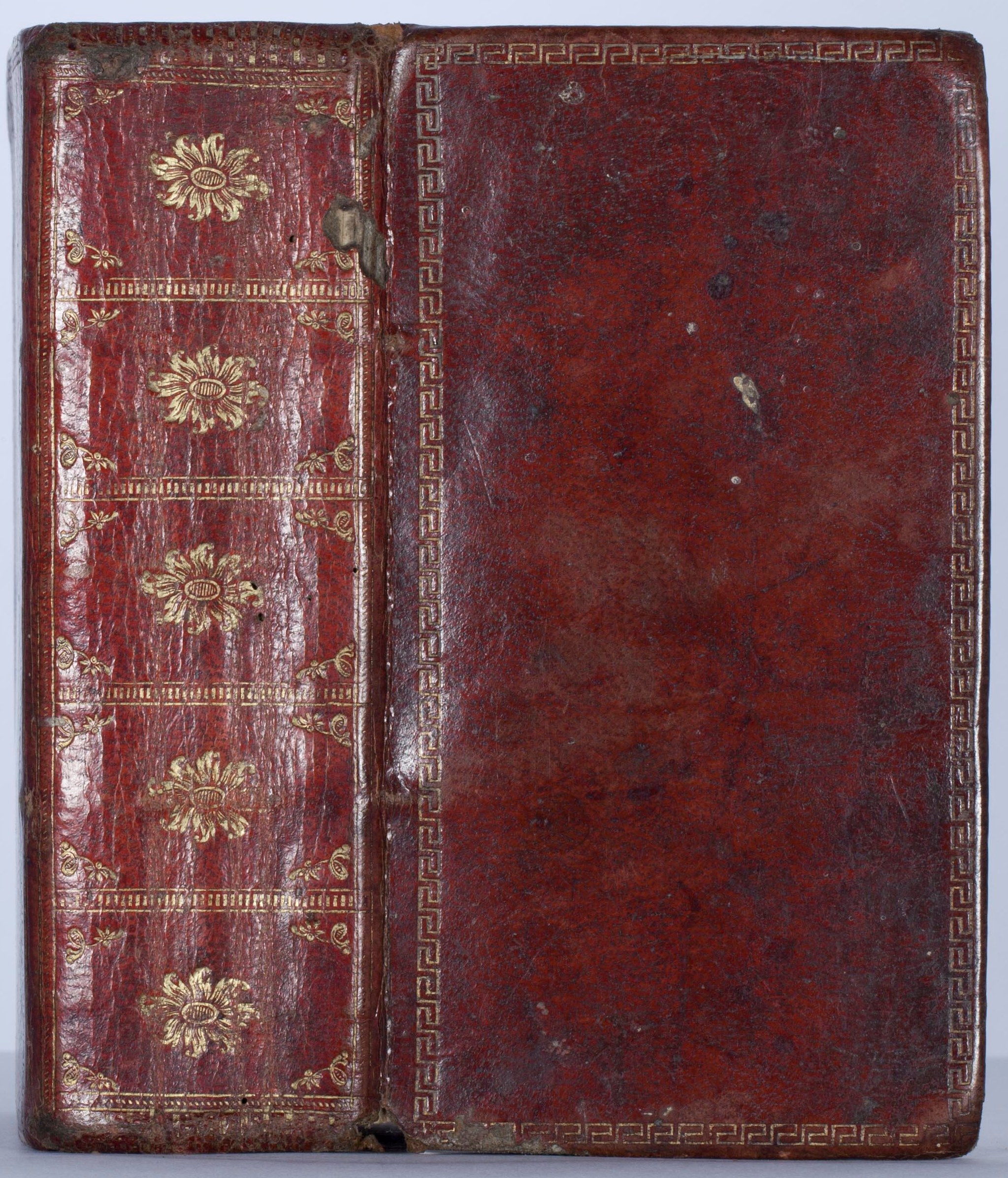Spine anf front cover of a contemporary binding in goatskin and tooled in gold.