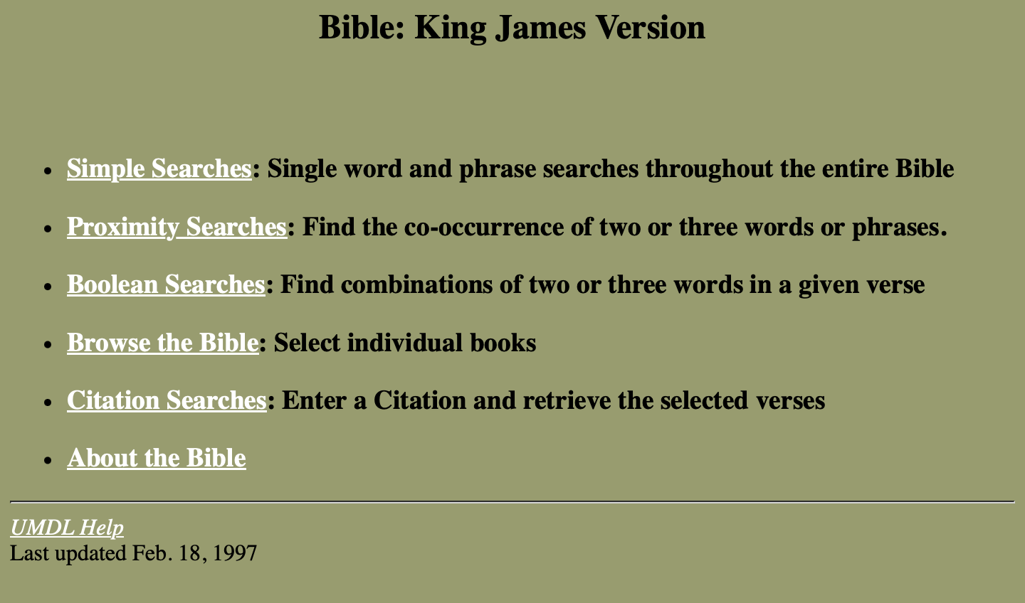 A webpage with white links and black text on an olive green background, without clear link to the University of Michigan