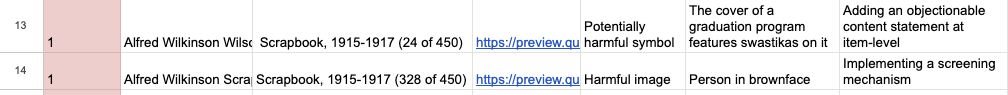 Two rows from the resulting spreadsheet for metadata remediation work.