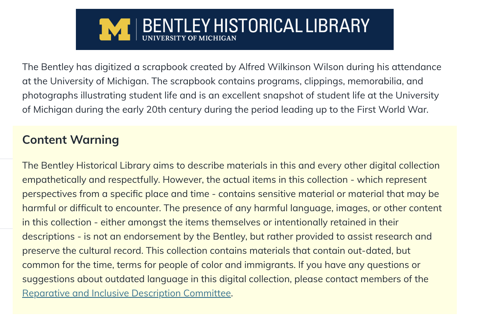 Content warning on the home page of the Alfred Wilkinson Wilson digital collection.