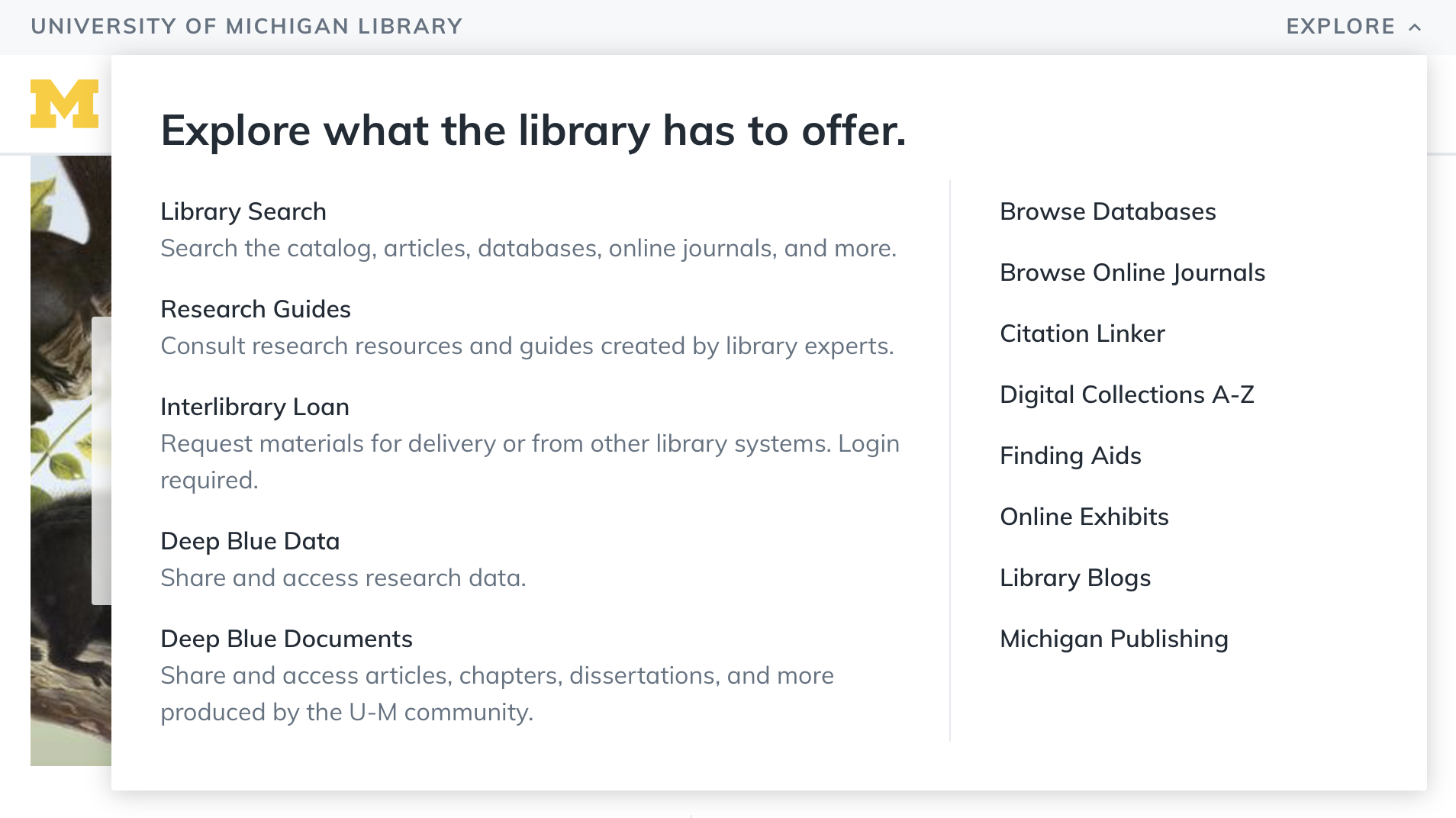 A screen capture of the library's Explore menu that includes 13 links and appears above the header on most Library websites.