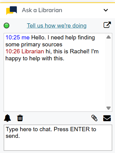 Screenshot of the Ask a Librarian chat widget showing a conversation between an Ask a Librarian staff member and a chat user. At the top of the widget, there is a link that says "Tell us how we're doing"