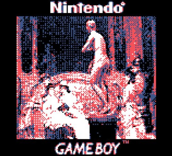 Gameboy photo, similar in style to the ones above. The picture is a portion of the painting "A Visit to the Gallery" by Pier Celestino Gilardi, showing a large mirrored room, where a group of women on and around a couch looking at a statue in the middle of the room.