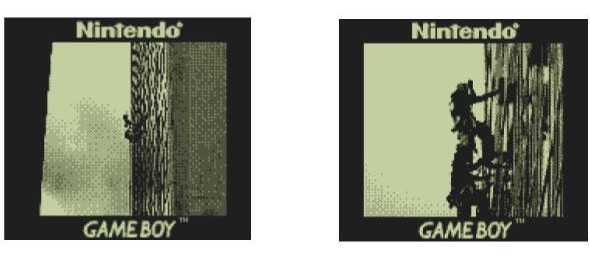 Side by side, two photos of pictures created on the Gameboy. Each photo has a wide black border; the top border reads "Nintendo", and the bottom border reads "GAME BOY".The left picture shows two window cleaners, very small in the very center of the frame, on the side of a tall apartment building covered in windows. The right picture shows window cleaners on the same building, but is zoomed in to show the cleaners more clearly. 