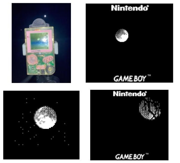 A set of four photos. In the upper left, a pink and green gameboy with a lens on the top, clamped in place by gray hooks. The upper right, bottom left, and bottom right pictures are all pixellated photos taken of the moon  at various angles. The upper right photo is more zoomed out, and the moon is to the middle-left of the picture. The bottom left picture shows the moon closer up in the center-right, and the bottom right picture shows the moon to the far right and covered by tree branches.