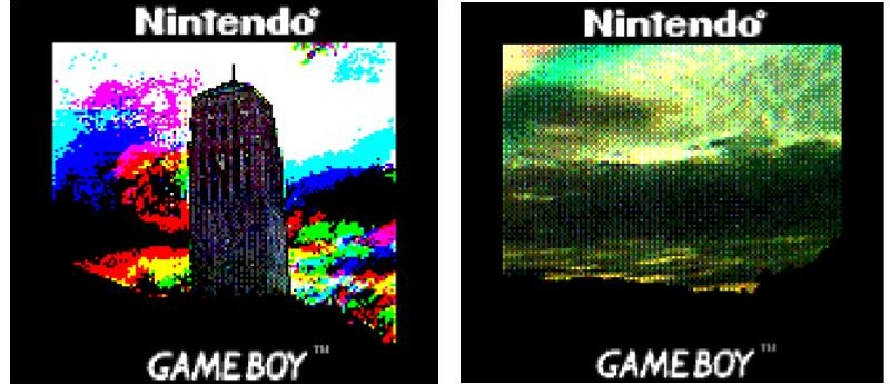 Two photos taken with the Gameboy side-by-side. The picture on the left is of the Burton Memorial Tower on the University of Michigan's Central Campus, and the sky is brightly colored behind it. The right image is a landscape of a cloudy sky, colored in various shades of green and yellow. Both images have a wide black border, with "Nintendo" in the top border and "GAME BOY" in the bottom border.