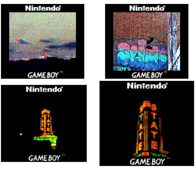 Four more photos, similar style and borders as the ones above. In the upper left, a mostly clear sky. Upper right, a pair of shoes on an electrical wire, with a brick wall with the word "SLIME" in graffiti across it behind. The two bottom images are of the glowing sign at the State Theater; the bottom right is more zoomed in than the left.