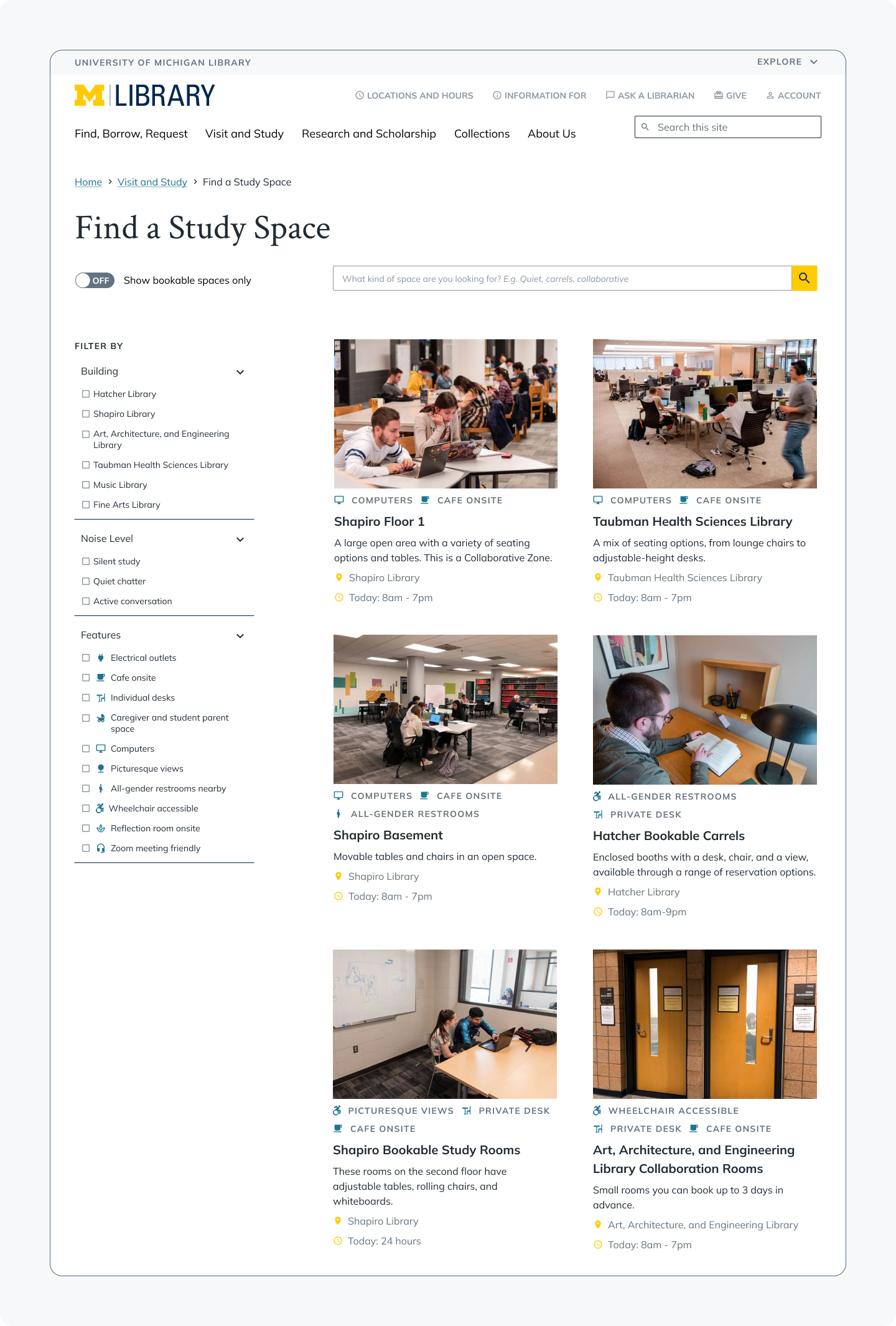 A two-column list of spaces with an image for each space, and 3 filters placed vertically on the left side of the screen.