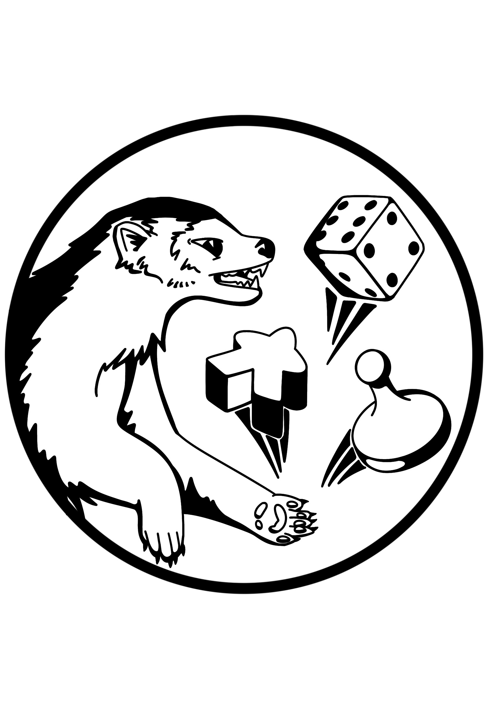 A black and white circular logo for a club. It is a realistic wolverine tossing a six-sided dice, a sorry! player piece, and a simple person-shaped player piece.