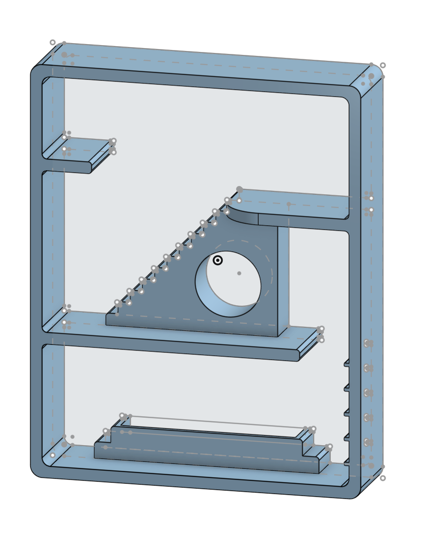 An extruded AutoCAD image of the 3-story shelf unit. It's a 3d image of the CAD sketch of the house