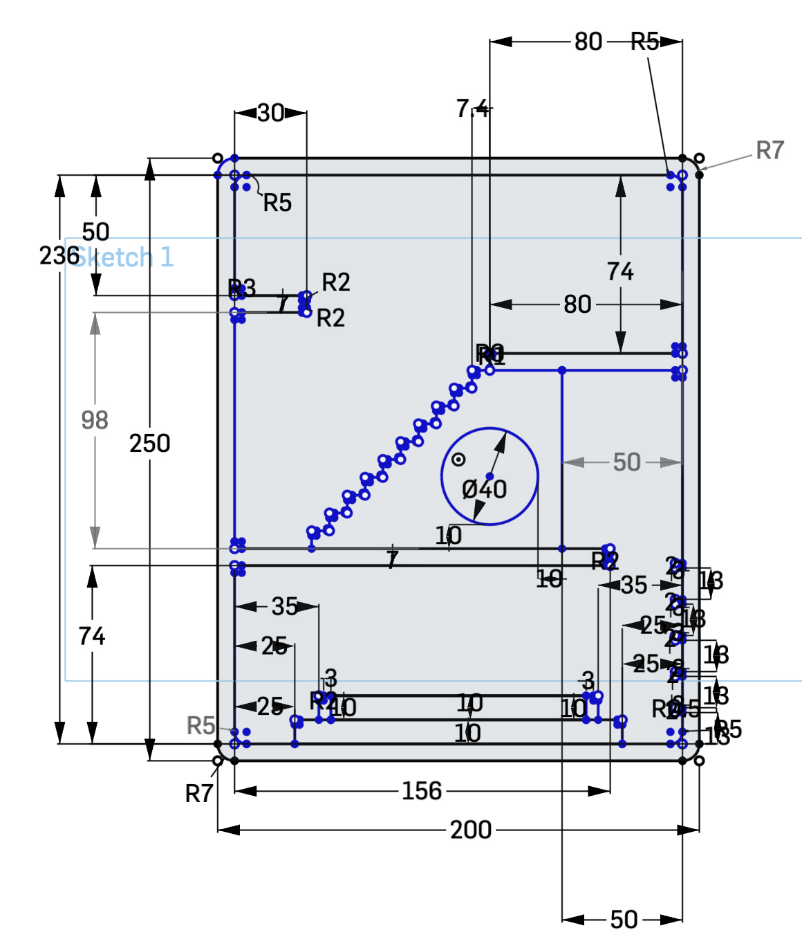 A design sketch of a rectangular 3 story shelf unit - its laid out like a house, with stairs and platforms. 