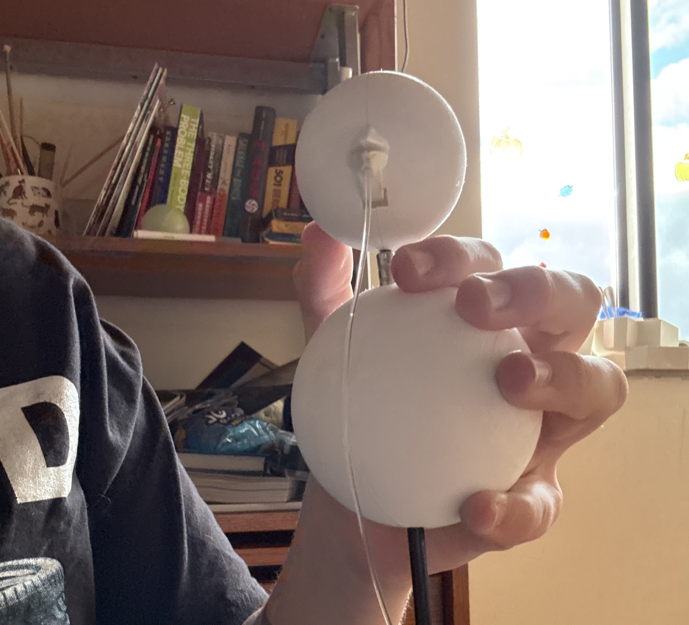 A 3D printed puppet skeleton being held by a white hand in front of a bookcase and window. The skeleton is one large sphere supporting a smaller sphere on top - the top sphere has a beak on the front, facing towards the camera.