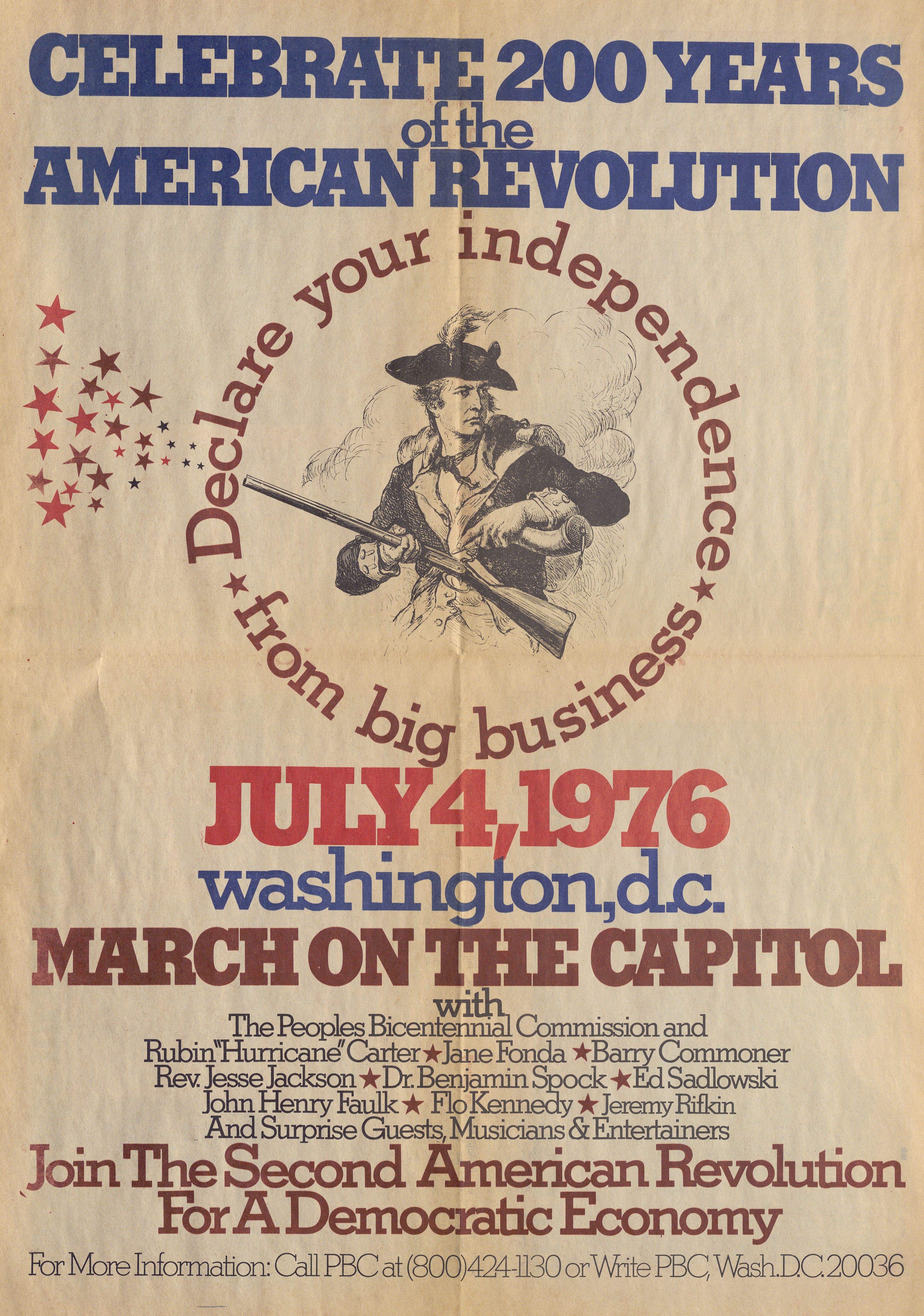 poster featuring text and a print of an american revolutionary patriot with a poweder horn and gun