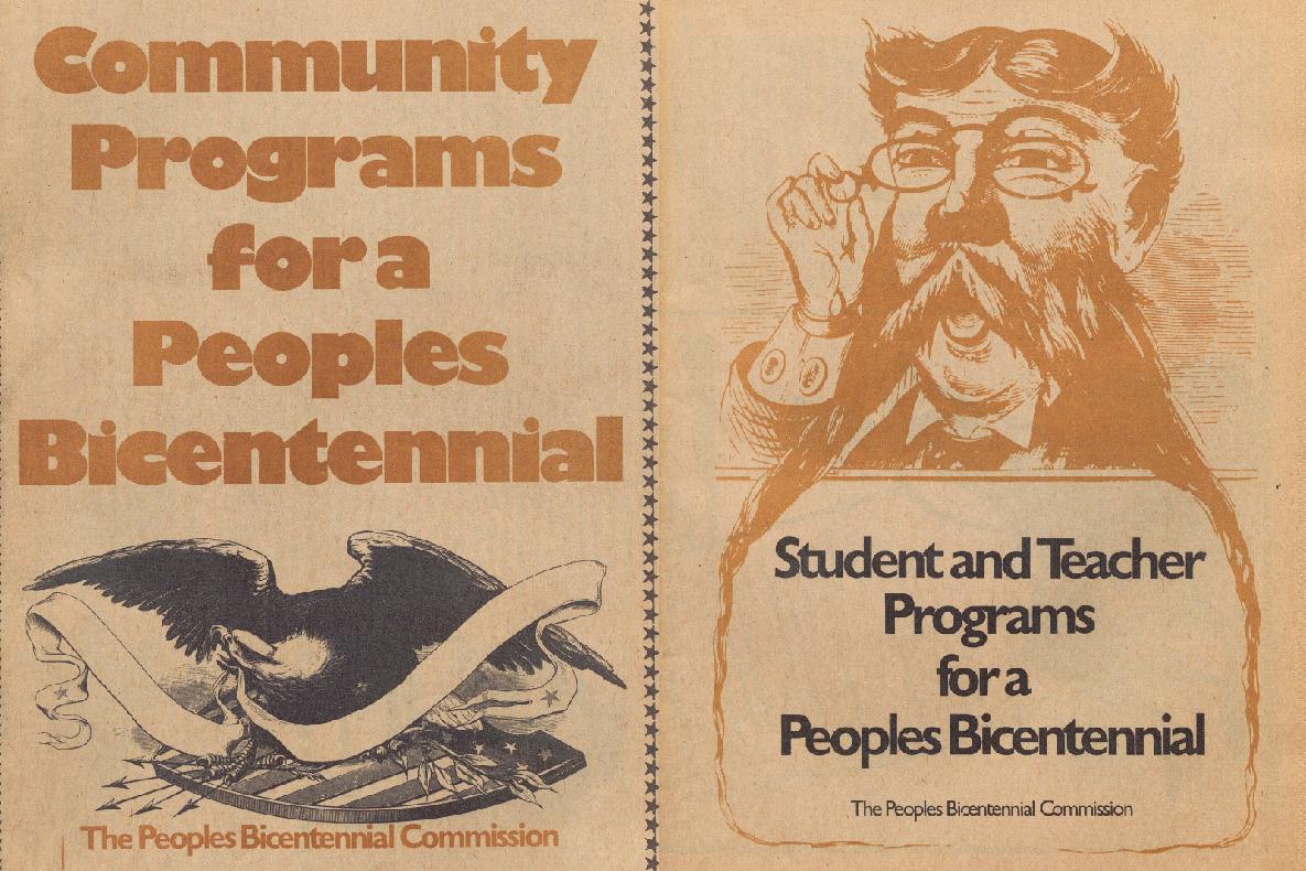 pamphlet covers with american patriot imagery including eagle with banner and caricature of a whiskered man with spectacles