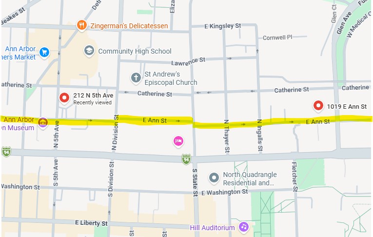 Map showing Mrs. Hall's first and last residences on google maps, with Ann St. highlighted in yellow