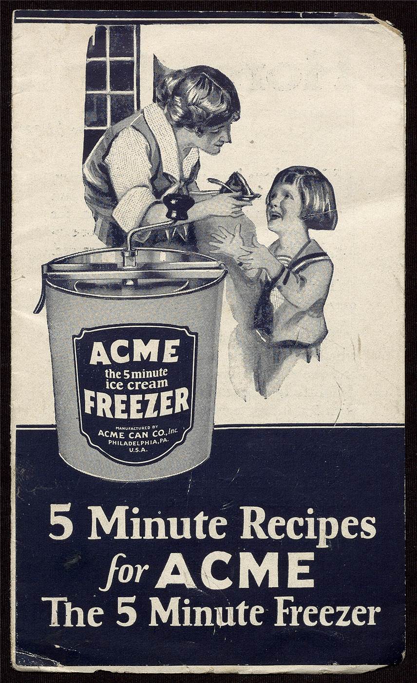Early 20th c. ad in blue and white showing a mother and daughter in period dress enjoying a frozen treat behind an enlarged cylindrical ice cream freezer