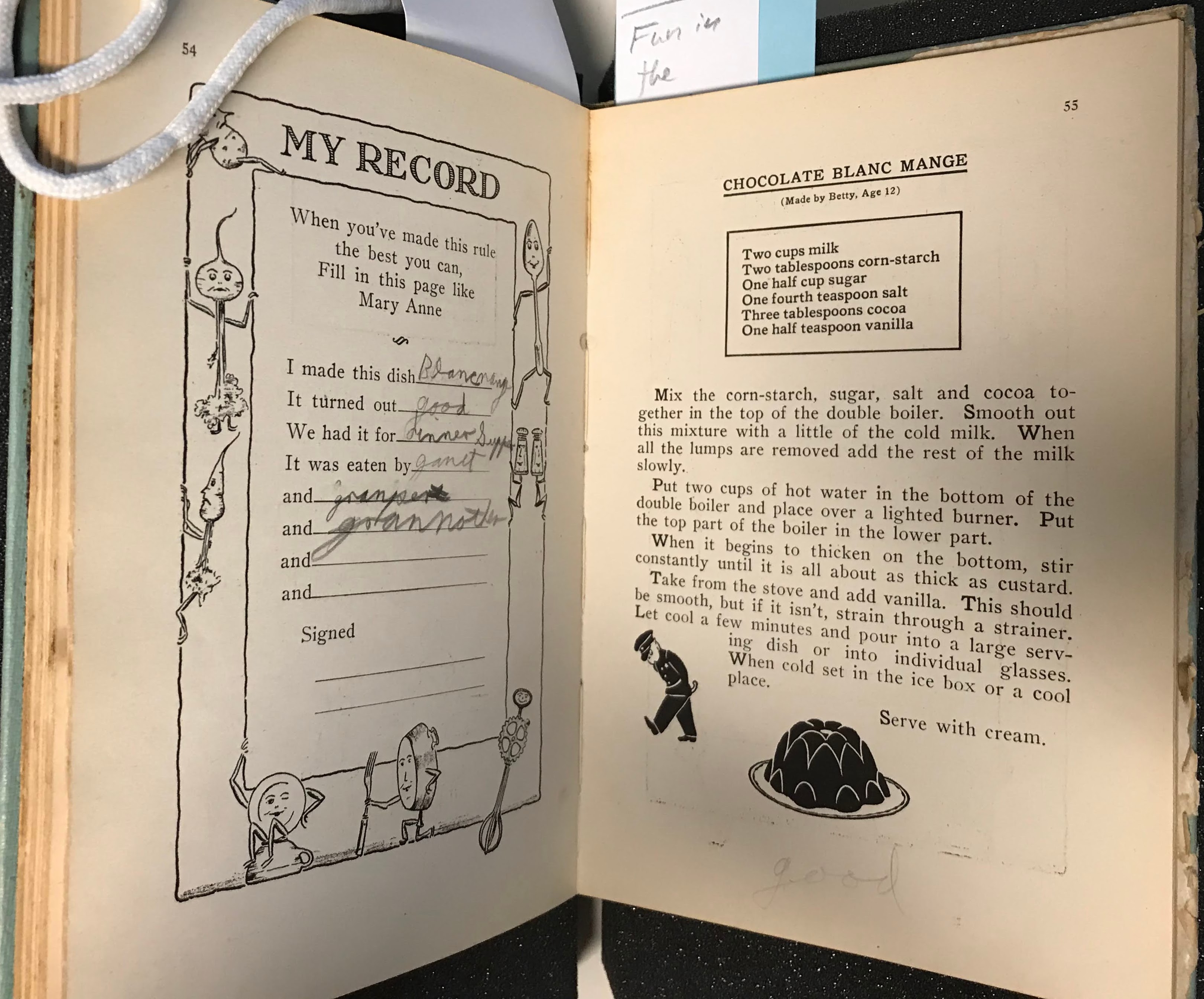 Pagespread showing recipe for Chocolate Blanc Mange on the right, and on the left, a form where a child has written in messy handwriting