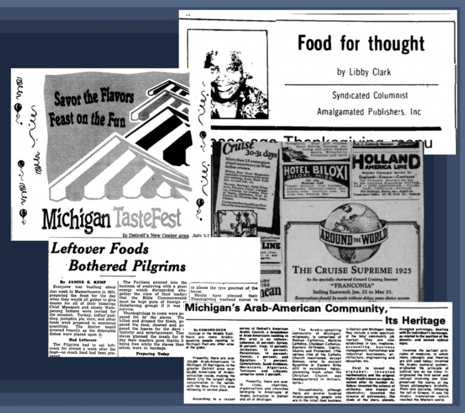 Newspaper clippings and images from online archival databases.