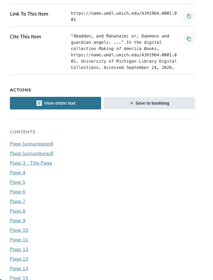 List of pages in the text, under the metadata about the text.