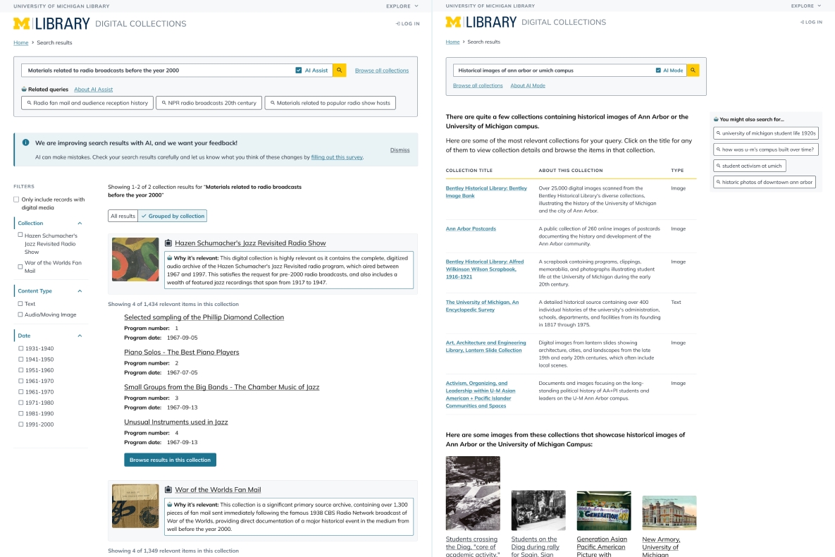 two screenshots side by side showing two different digital collections search results interfaces with GenAI integration