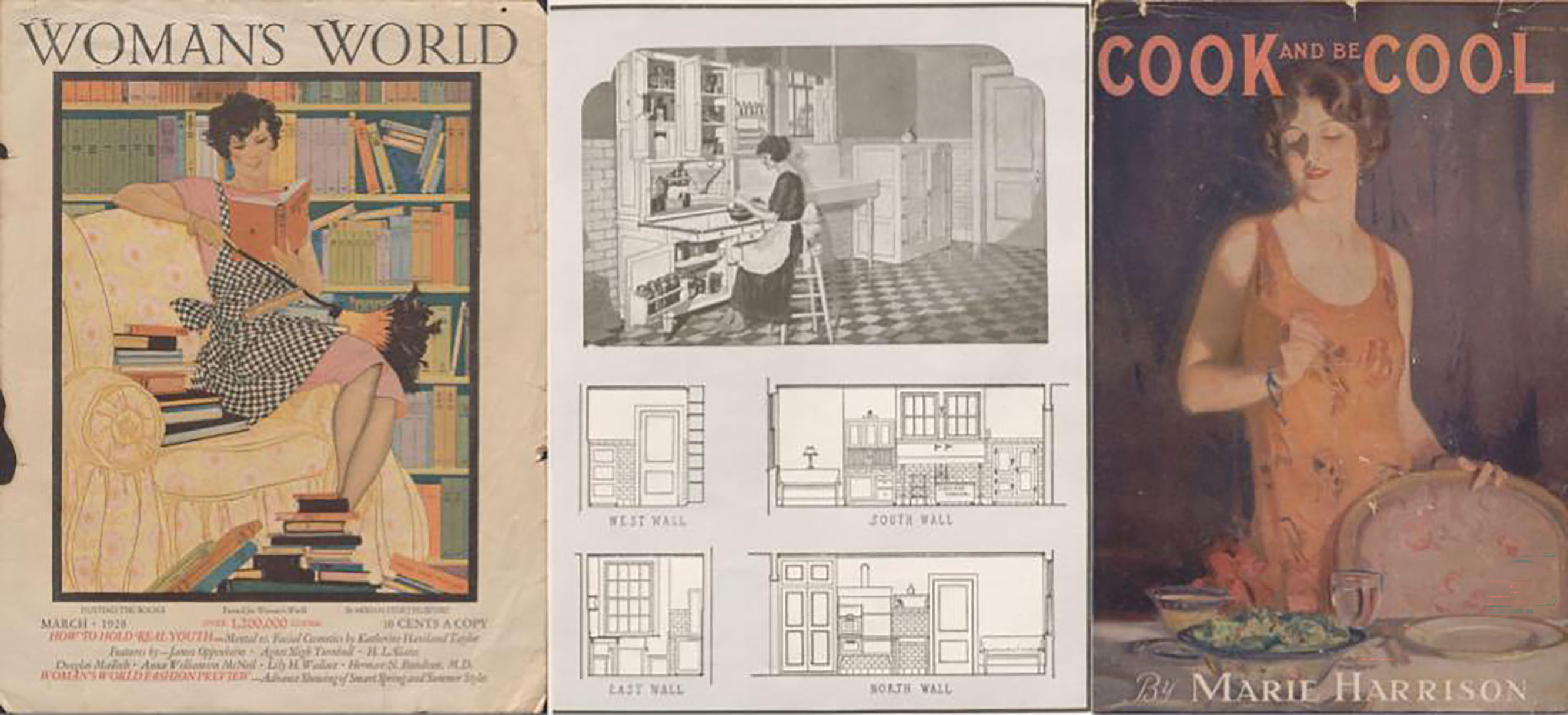 Three book illustrations side by side: Left: A cover of the magazine "Woman's World" depicting a woman in a checked apron reading a book with a feather duster on her knee. Center: an illustration from a catalog of kitchen plans, showing a woman in a long black dress and white apron sitting on a stool while doing dishes. Right: The cover of a book titled "Cook and Be Cool" illustrated by a woman dressed in a fashionable 1920s-style sleeveless gown and looking down at a table. 