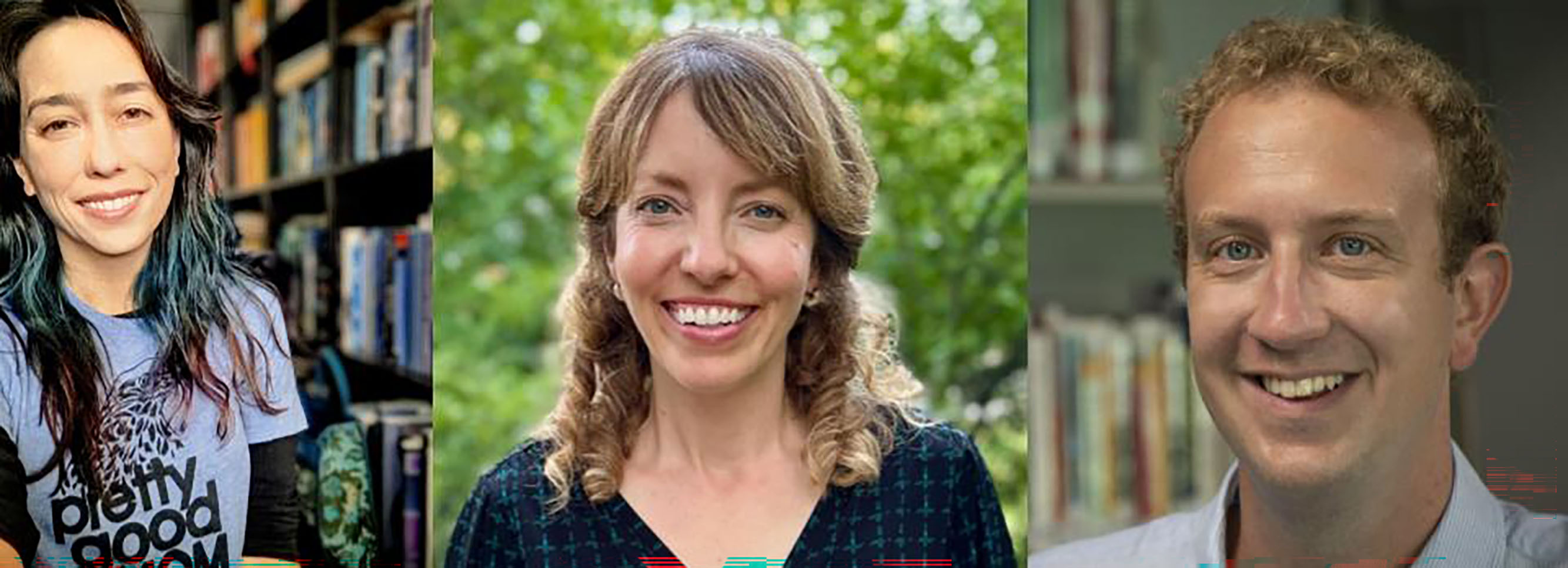 Headshots of three individuals. On the left, Margot Finn (a smiling woman with long dark hair with blue streaks in a blue shirt); in the middle, Helen Veit (a smiling woman with shoulder-length blonde hair in front of leafy tree branches); and on the right, Mark Johnson (a smiling man with short hair in front of a bookcase). 