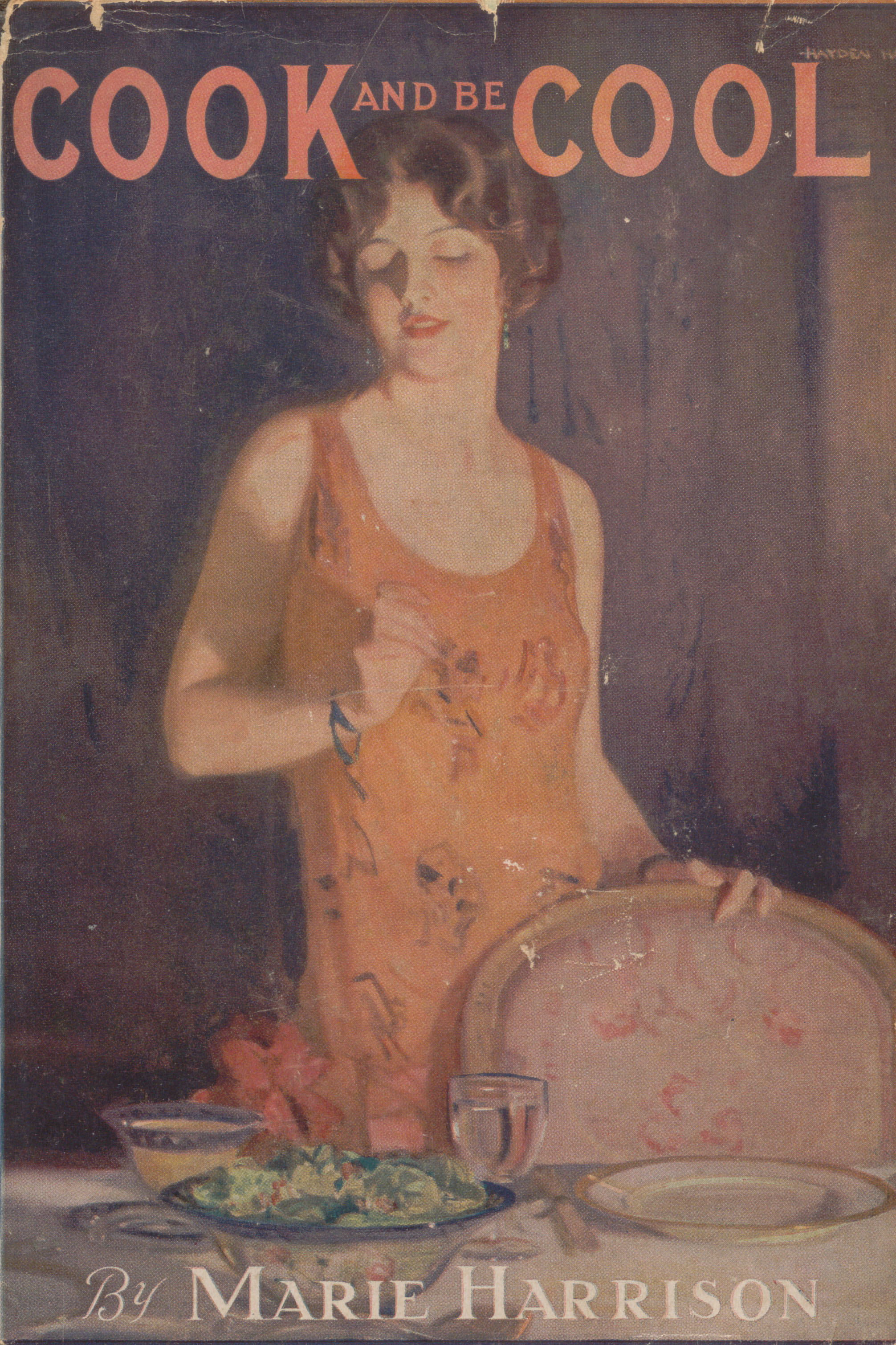 Cover of Cook and Be Cool depicting a stylish woman in a sleeveless orange dress looking down at a table laid for dinner