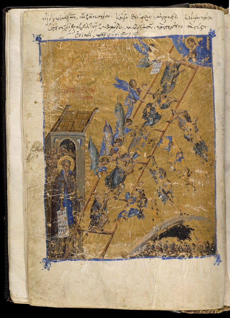 Manuscript illumination showing monks climbing, and falling from the Heavenly Ladder 