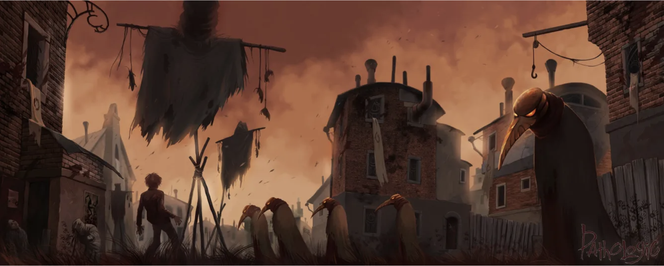 Steampunk apocalyptic scene of crumbling town. Five creatures with glowing eyes and plague masks descend on person backing away from them.