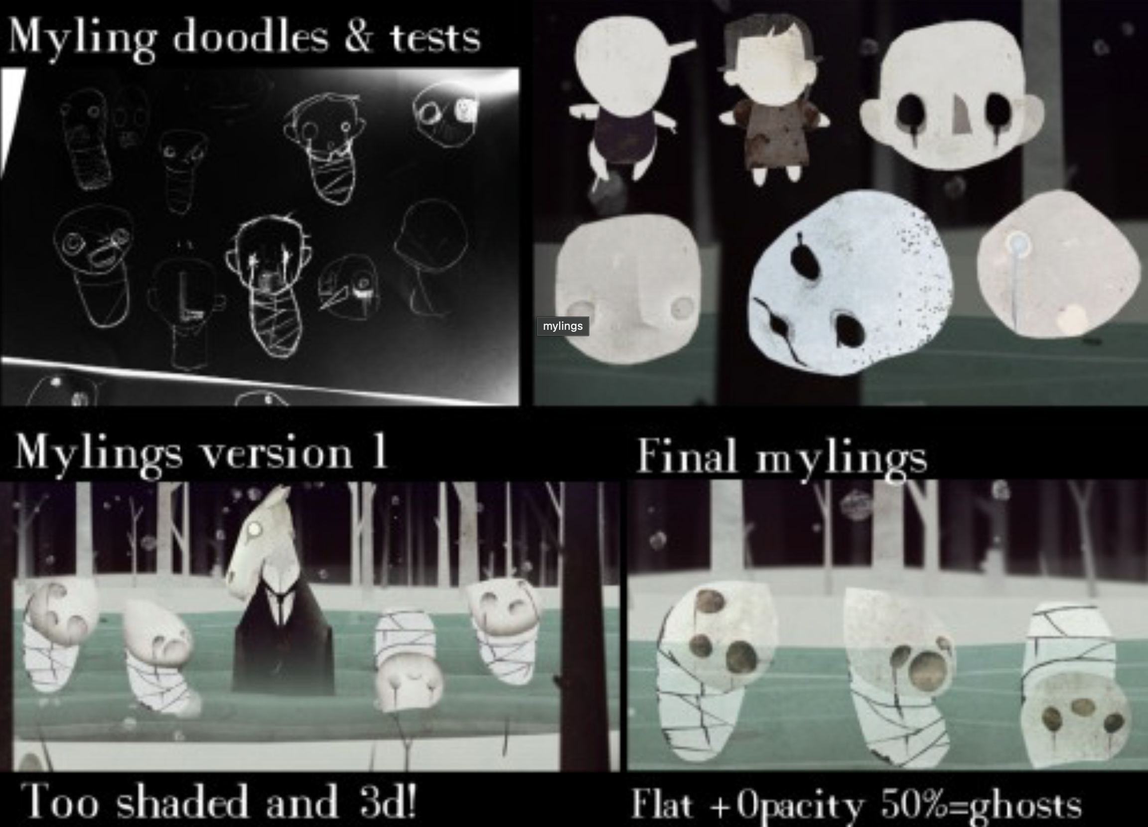 Artist's mainly black and white character studies of mylings.